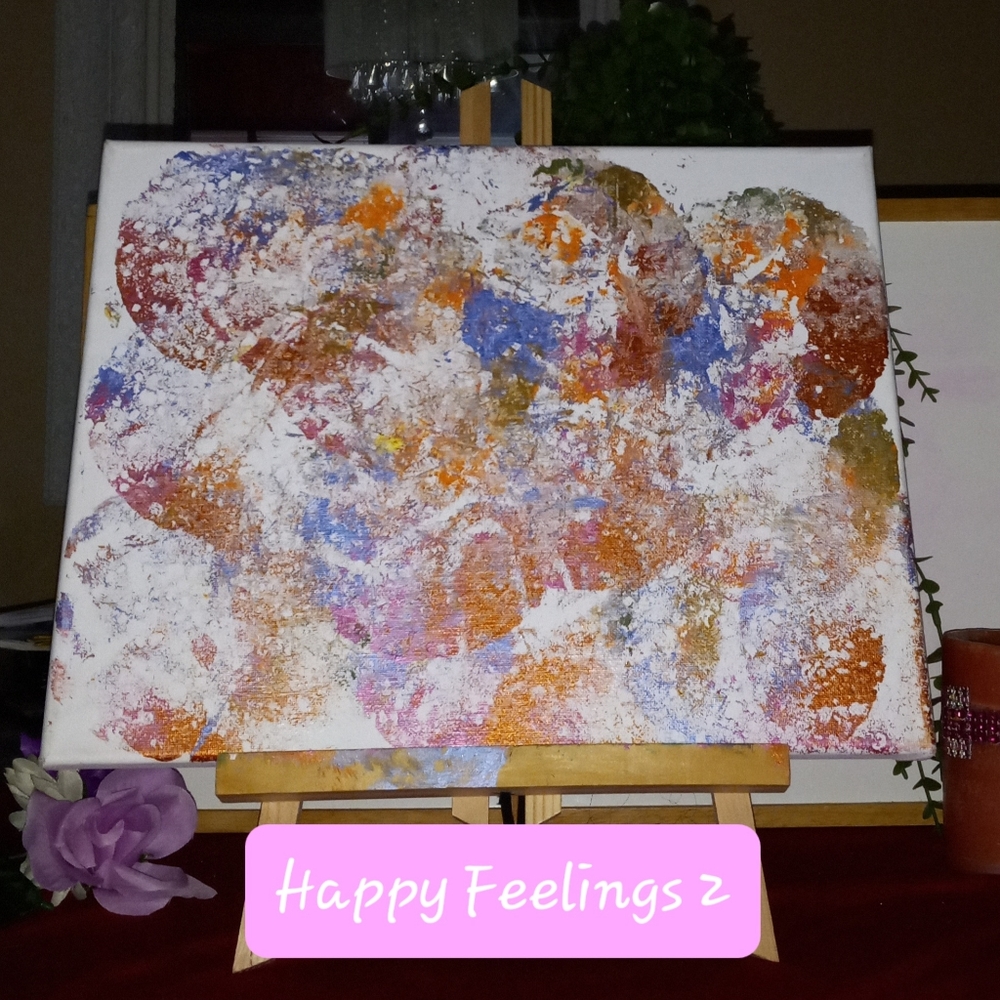 Original Art. "Happy Feelings 2". 11x15 Acrylic paint,  fabric white